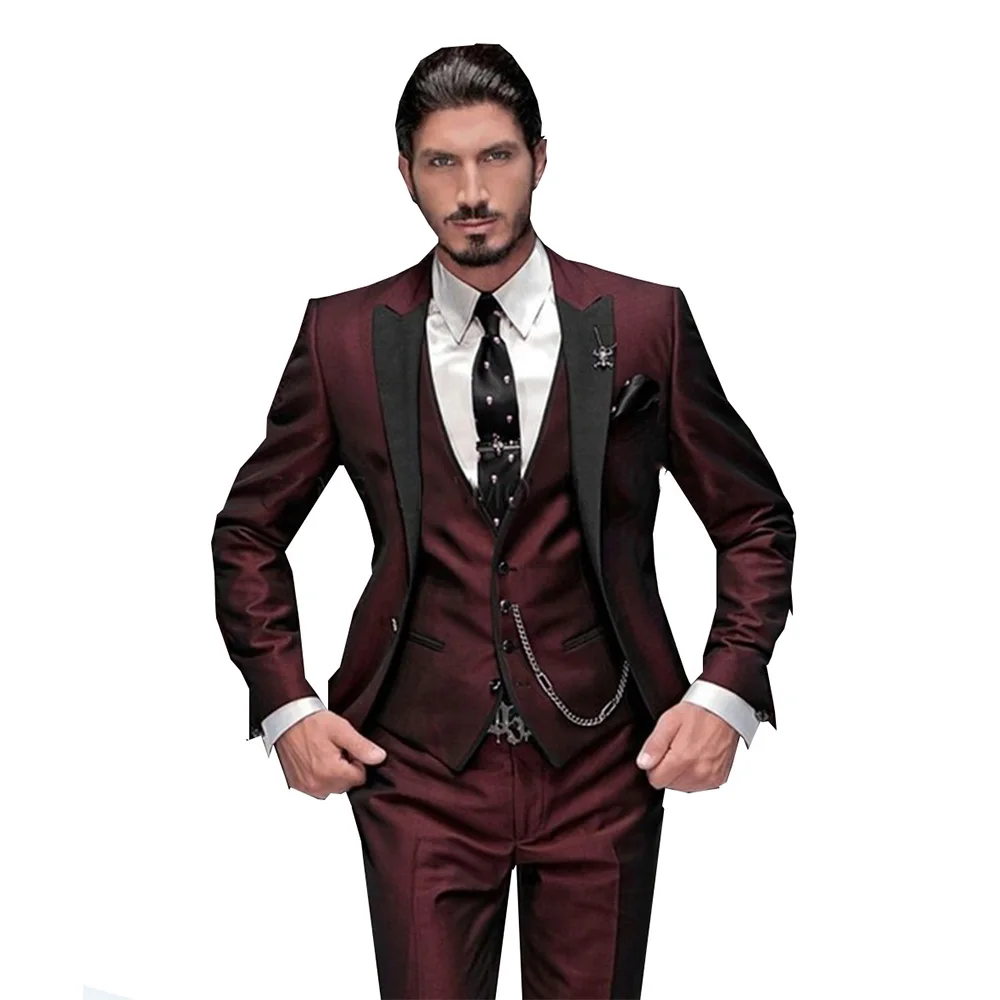 Top Trends: Men&#039;s Suit Slim Fit 3 Pieces Burgundy Tuxedo Gentle-Mens Wedding Suits Notch Lapel Groom Terno (Jacket+ Pants+ Vest) Shoppable Styles