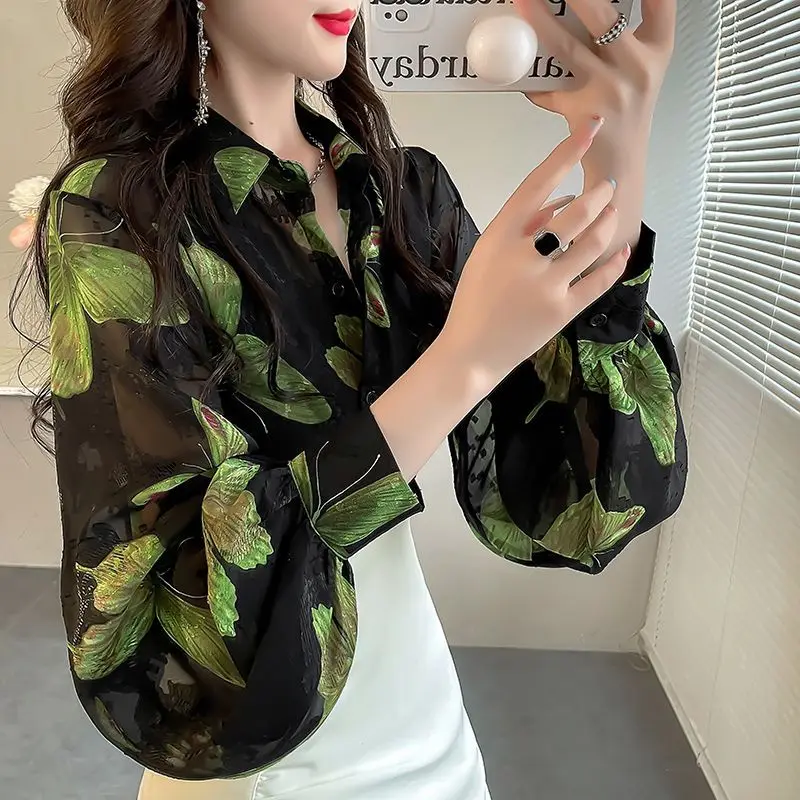 Top Trends: Autumn 2023 Women&#039;s Fashion Butterfly Print Loose Lantern Sleeve Flower Shirt Lapel Comfortable And Versatile Long Sleeve Top Shoppable Styles