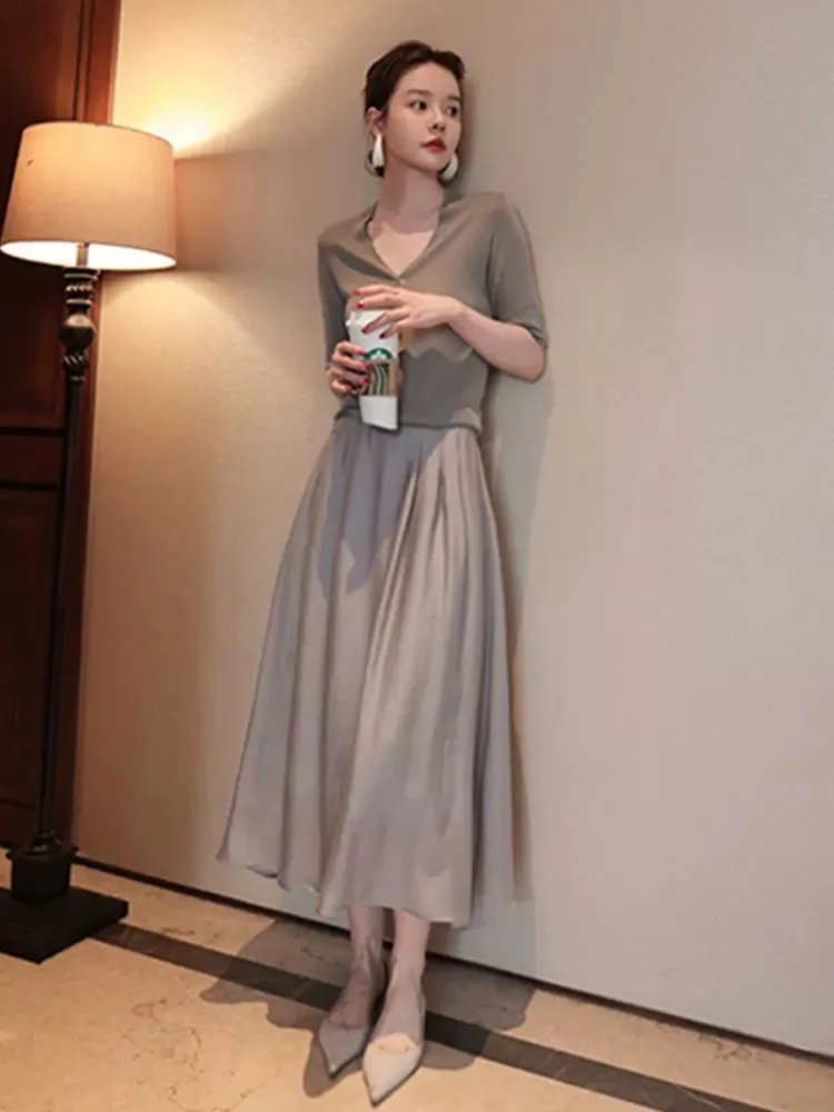 Top Trends: French Fashion Senior Sense Half Skirt Women's Summer Small A-line Silk Skirt Thin High Waist Knitted Slimming Long Skirt Shoppable Styles - Image 3