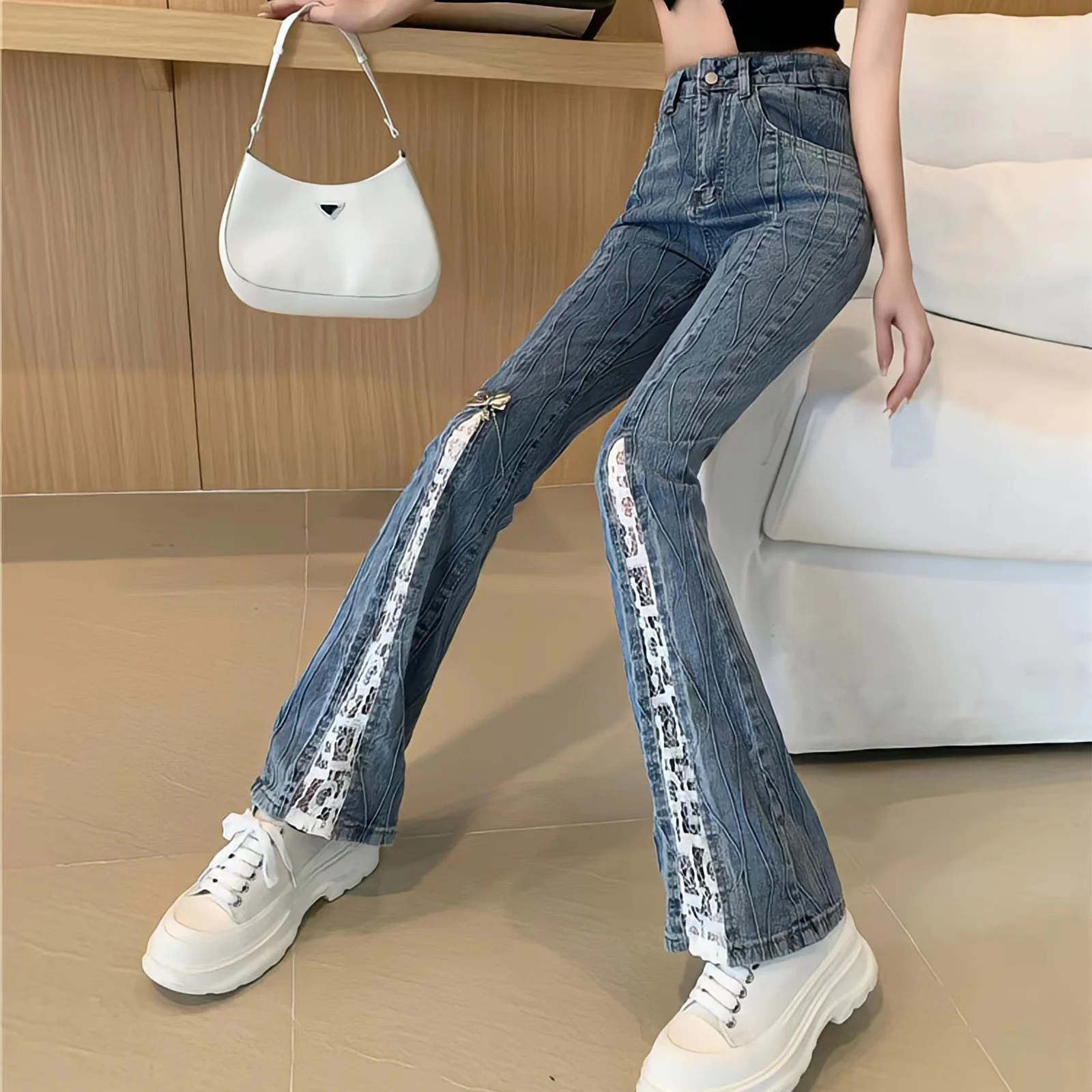 Top Trends: New Women Jeans Front-Slit Spliced Flare Elegant Korean Style Casual Trendy Retro Chic Lace Denim Pants Y2k 90s Women'S Trousers Shoppable Styles - Image 3