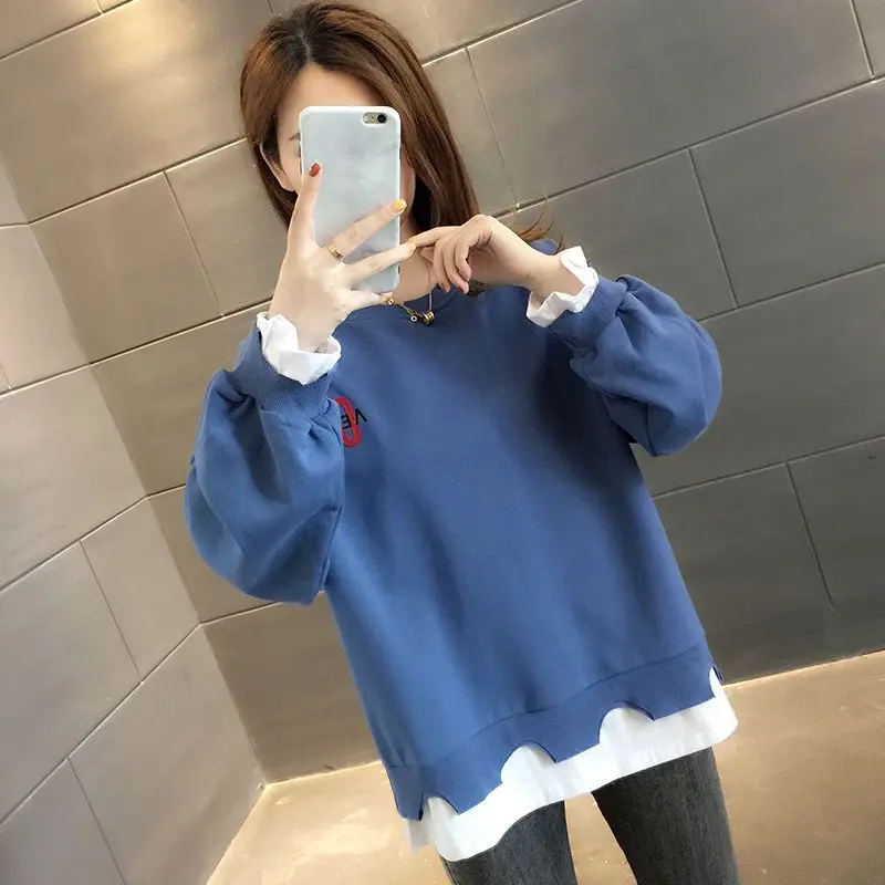 Top Trends: Fashion O-Neck Embroidery Fake Two Pieces T-Shirt Female Clothing 2023 Autumn Loose Commute Tops Casual Tee Shirt Shoppable Styles - Image 4