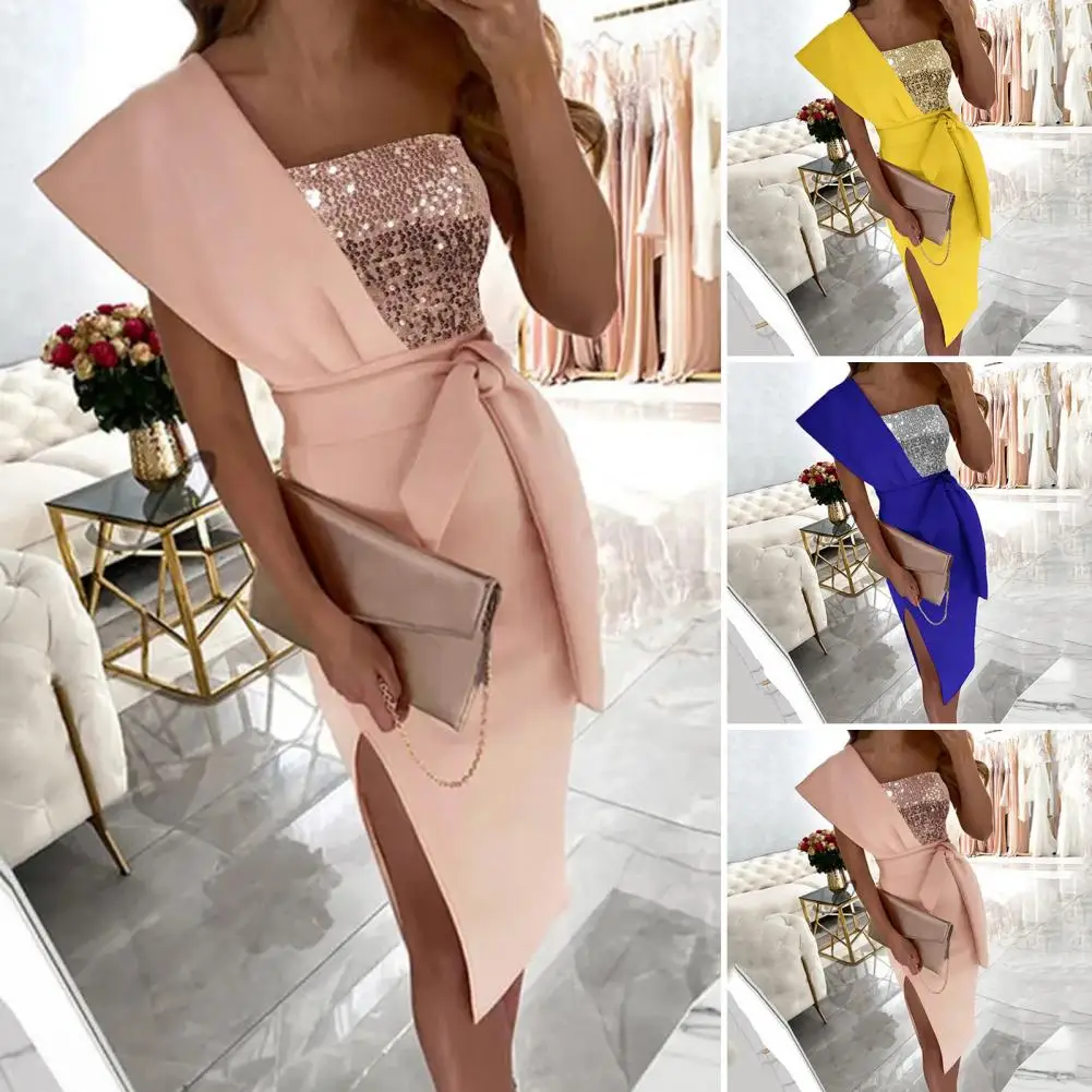 Top Trends: Women One Shoulder Slit Bodycon Dress Summer Elegnat Sashe Slim Lace-up Solid Midi Dress Sexy Sleeveless Party Print Midi Dress Shoppable Styles