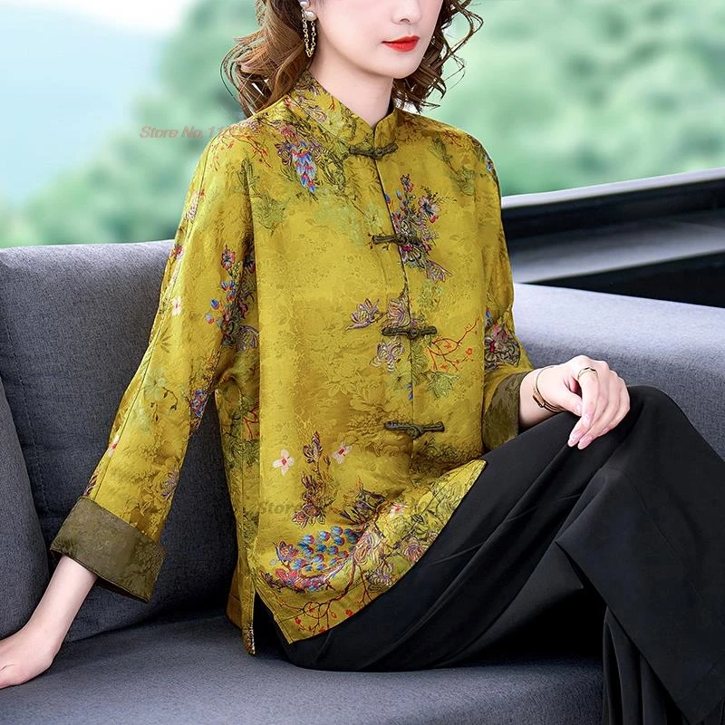 Top Trends: 2024 Traditional Chinese Vintage Blouse Folk Hanfu Blouse National Flower Print Satin Blouse Oriental Stand Collar Tang Suit Shoppable Styles