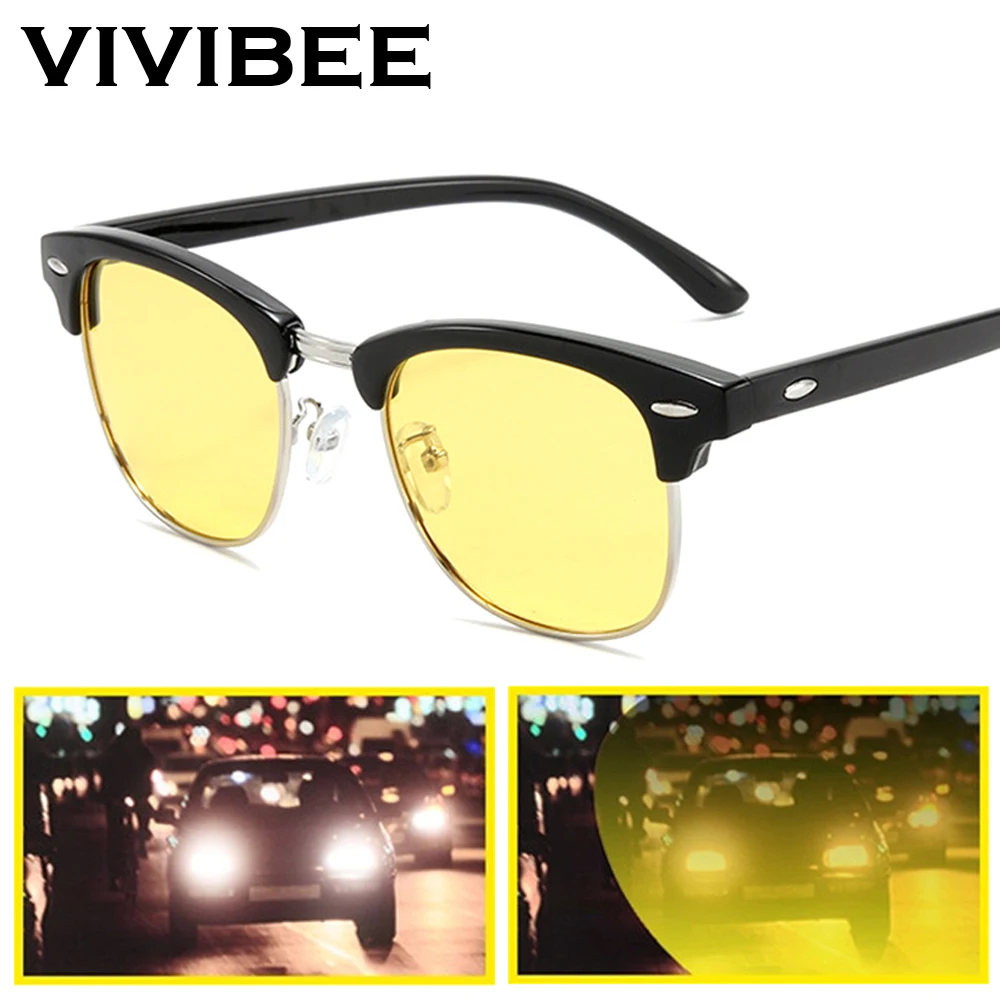 Top Trends: VIVIBEE Semi-Rimless Night Vision Glasses For Driving Men Yellow Polarized Lens Goggles Classic Square Driving Women Eyeglasses Shoppable Styles