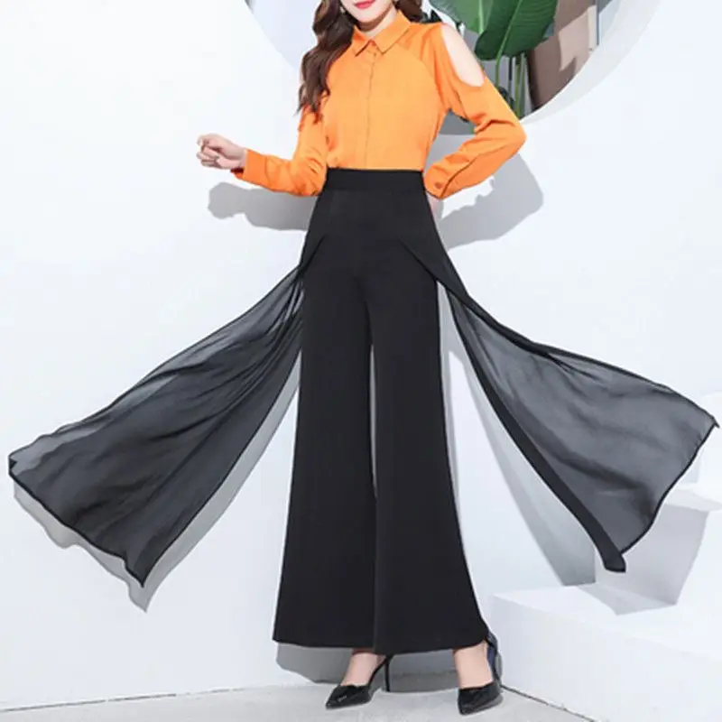 Top Trends: Oversize Summer Thin Women Chiffon Wide Leg Pants Fashion New Loose Casual Clothing High Waist Splice Solid Straight Trousers Shoppable Styles