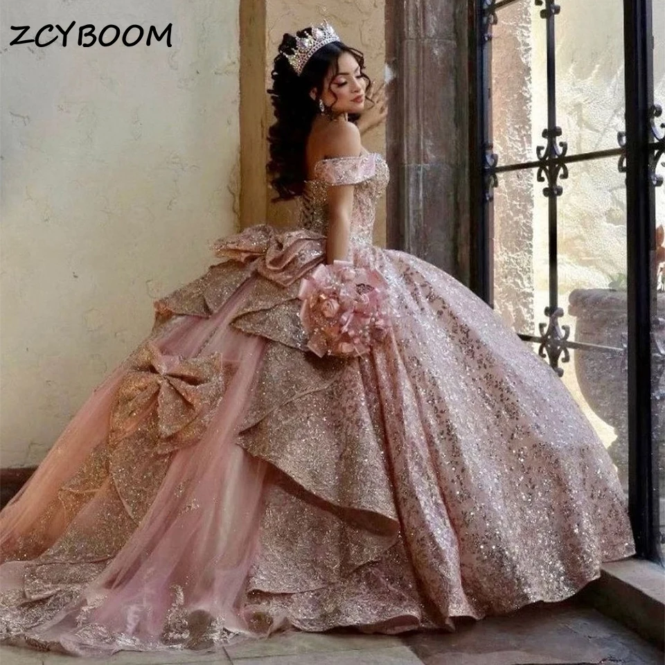 Top Trends: Sparkly Rose Gold Ball Gown Quinceanera Dress With Bow 2024 Sweetheart Applique Bead Birthday Party Sweet 15 Vestidos De 15 Años Shoppable Styles