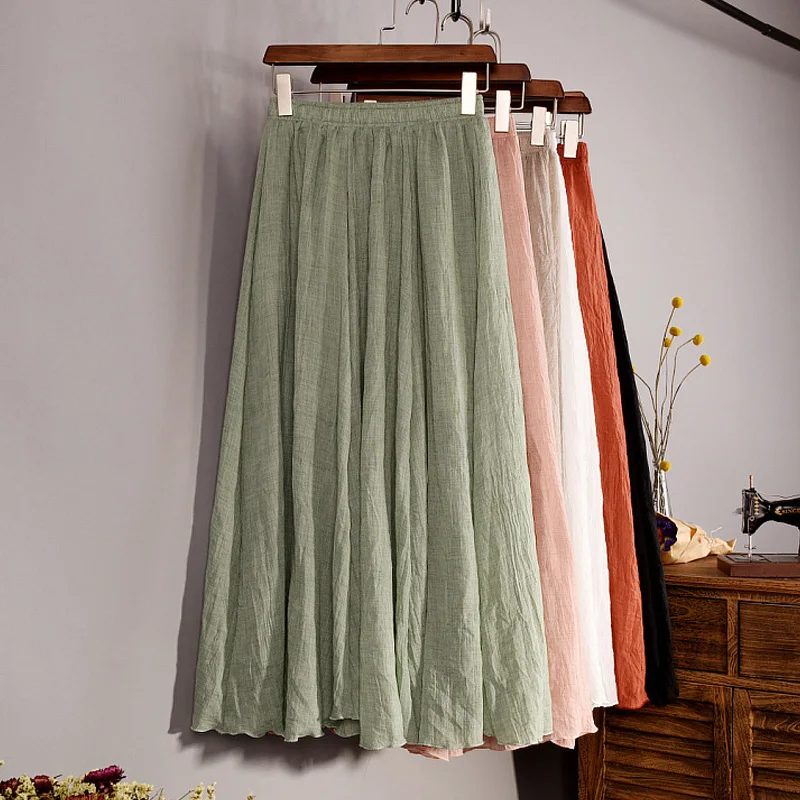 Top Trends: Summer Thin Fashion Cotton Linen Skirt Women Literary Retro Loose Large Swing Skirts Vintage Vacation Elastic Waist Wrap Skirt Shoppable Styles