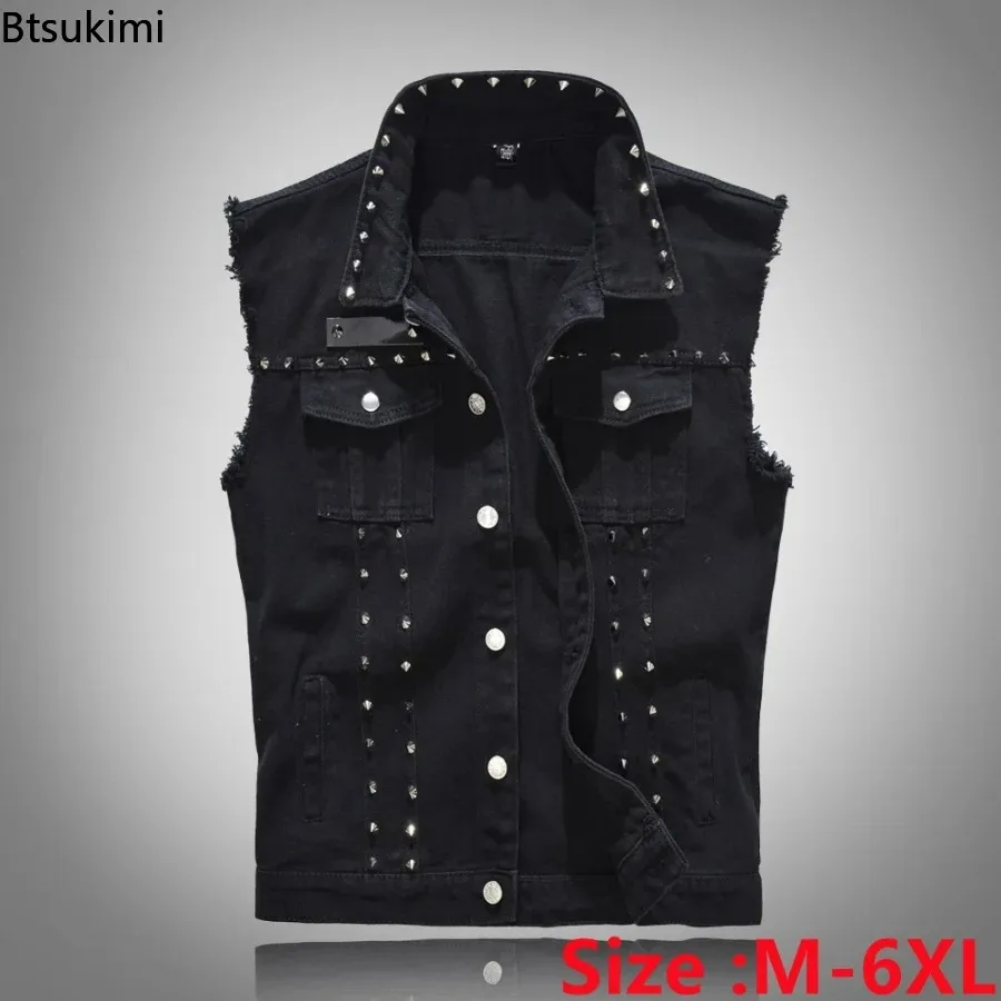 Top Trends: Plus Size 5XL 6XL Men's Denim Vest Punk Rock Rivet Cowboy Black Jeans Waistcoat Fashion Men Motorcycle Sleeveless Jeans Jacket Shoppable Styles