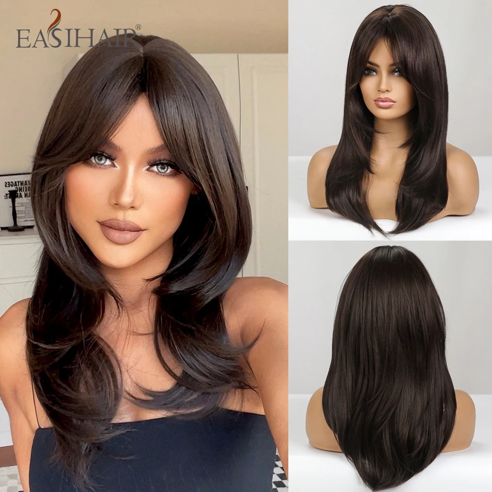 Top Trends: EASIHAIR Medium Length Layered Natural Hair Wig Dark Brown Wavy Synthetic Wigs For Women With Bangs Daily Wigs Heat Resistant Shoppable Styles