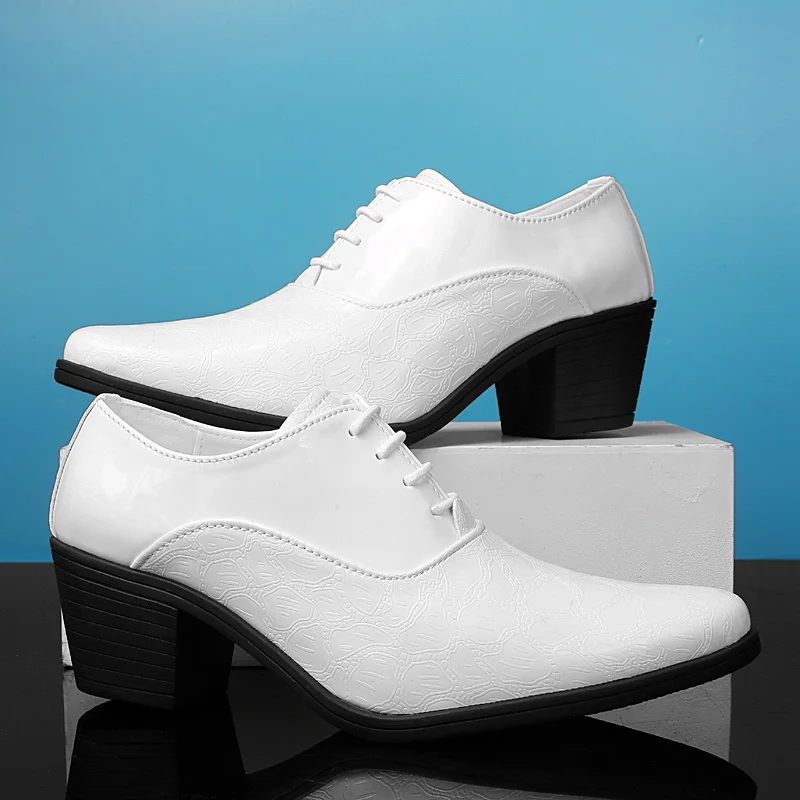 Top Trends: Trendy High Heel Men White Dress Shoes Pointed Toe Lace-up Men Formal Shoes Leather Glitter Men Oxfords Shoes Zapatos Hombres Shoppable Styles