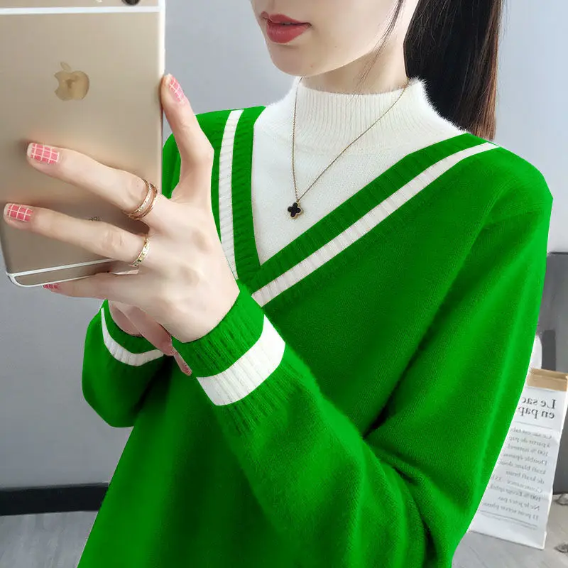 Top Trends: Fashion Half High Collar Spliced Loose Fake Two Pieces Sweaters Women&#039;s Clothing 2022 Autumn New Casual Pullovers All-match Tops Shoppable Styles