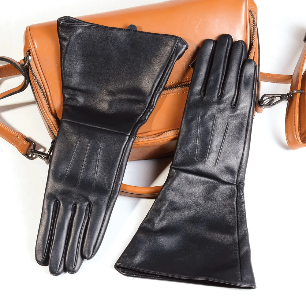 Top Trends: 35cm Women&#039;s Black Sheepskin Real Leather Retro Medieval Renaissance Long Cuff Gauntlet Gloves Shoppable Styles