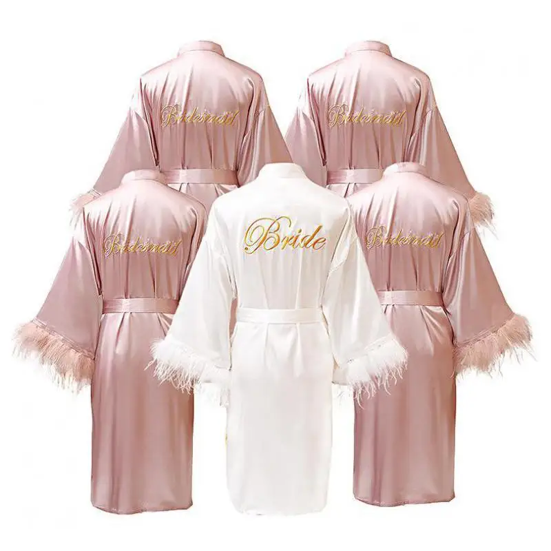 Top Trends: 2023 New Women FEATHER Bride Bridesmaid Wedding Robe Satin Kimono Bathrobe Gown Nightwear Embroidery Letter Nightgown Lingerie Shoppable Styles