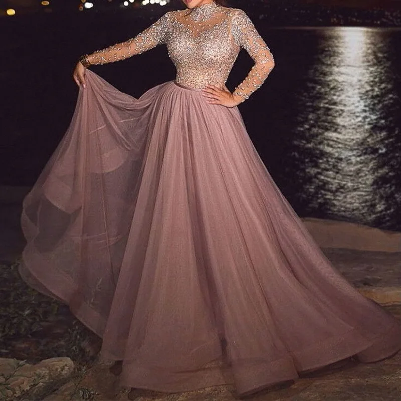 Top Trends: New Elegant Fashion Women's Pink Long Sleeve Sequins Sexy Luxury Dress Wedding Party Bridesmaid Guest Long Dress Celebrity Host Shoppable Styles