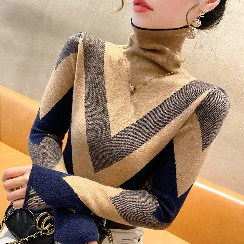 Top Trends: Women Clothing Slim Fashion Turtleneck Sweaters Spring Knitted Elasticity Vintage Striped Pullovers Female Top Soft Knitwear Shoppable Styles