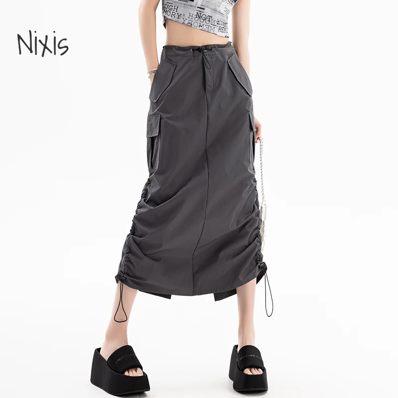 Top Trends: American Retro Cargo Skirt For Women Summer Slit Design Drawstring High Waist Mid-length Skirt Y2k Streetwear Fashion Clothing Shoppable Styles