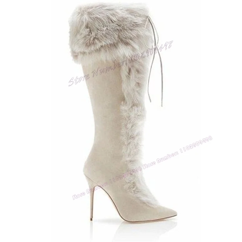 Top Trends: Off White Fur Decor Lace Up Boots Knee High Pointy Toe Shoes For Women Thin High Heel Winter Snow Shoes 2023 Zapatos Para Mujere Shoppable Styles