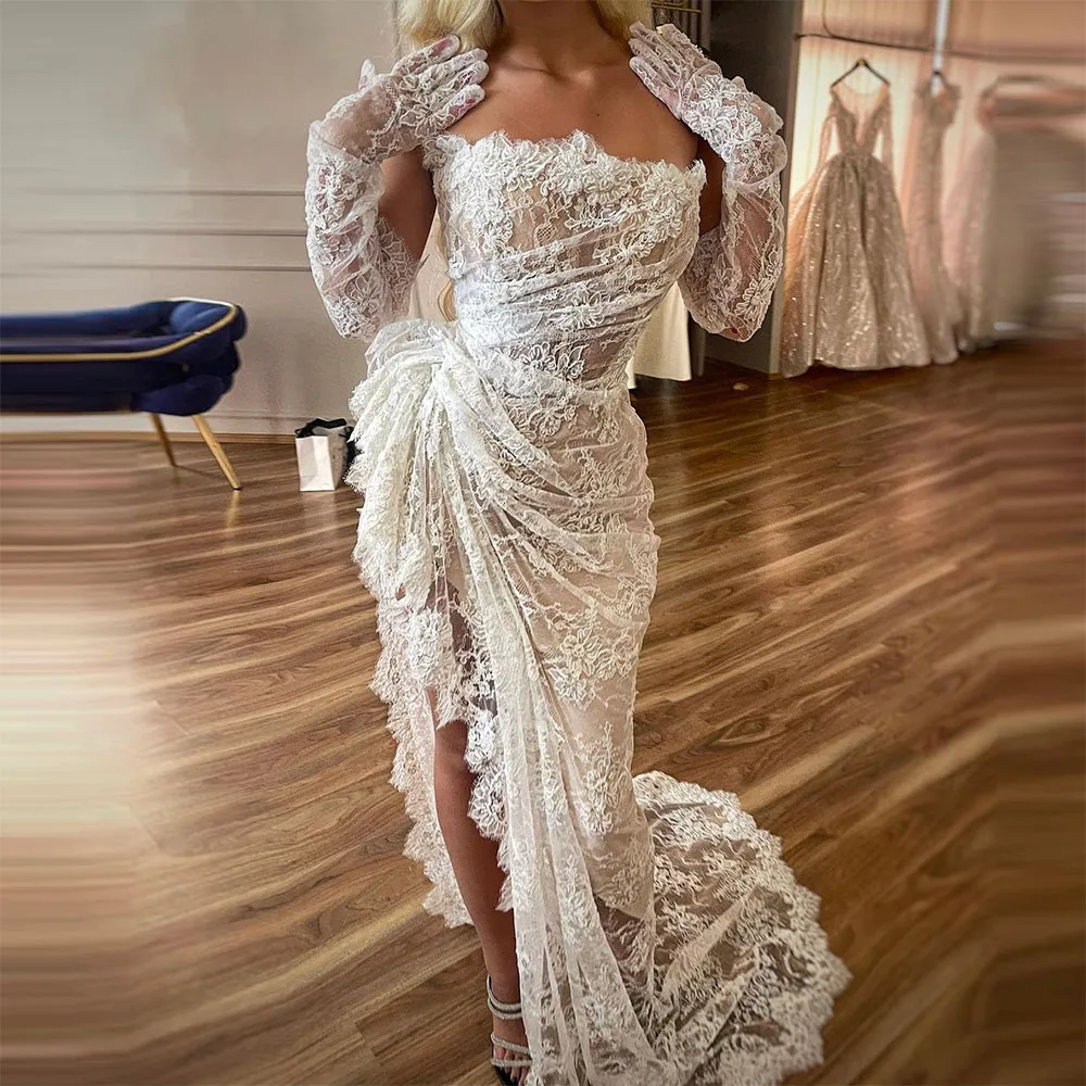 Top Trends: Xijun Dubai Lace Appliques Mermaid Evening Dresses Long Sleeves High Side Split Pleat Ruched Saudi Arabic Women Party Prom Gowns Shoppable Styles