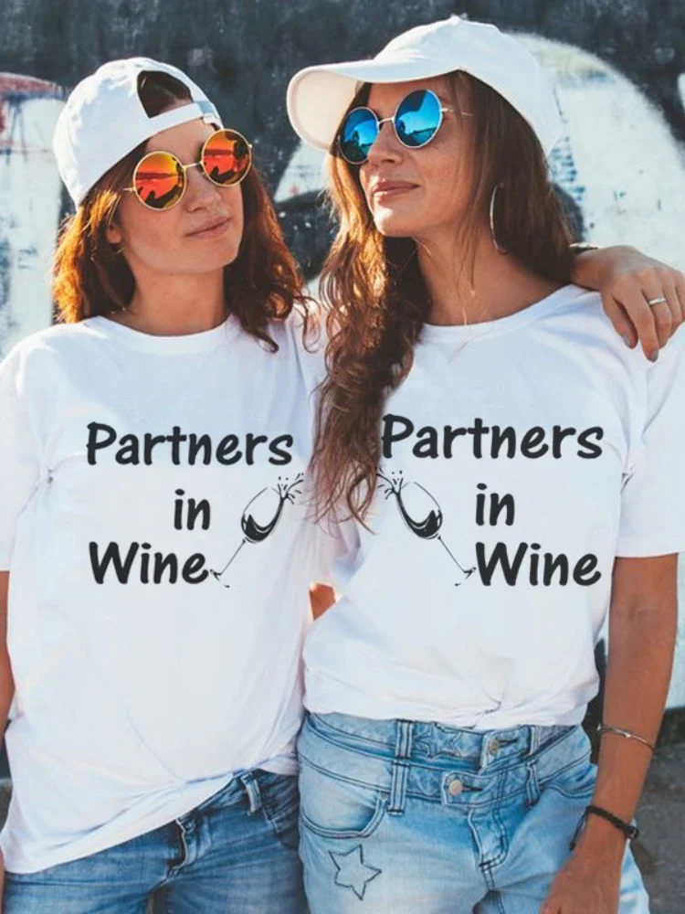 Top Trends: Women T Shirt Partners In Wine Glassess Print Best Friends Tee Shirt Short Sleeve O Neck Loose Women Tshirt Tops Camisetas Mujer Shoppable Styles