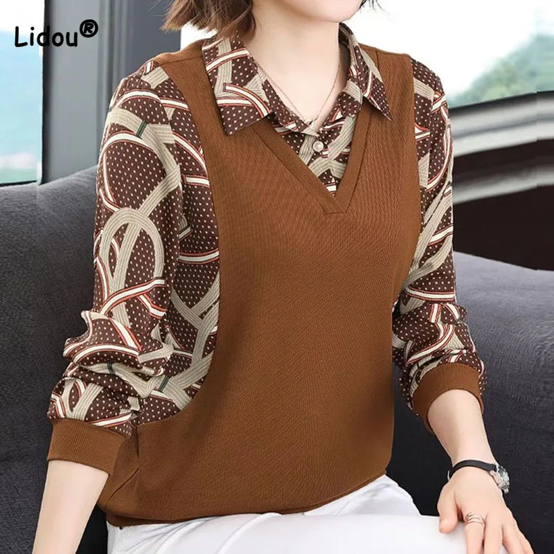 Top Trends: Fashion Vintage Fake Two Pieces Long Sleeve Tops Women&#039;s Clothing Spring Autumn New Casual Polo-Neck Printed Spliced T-shirt Shoppable Styles