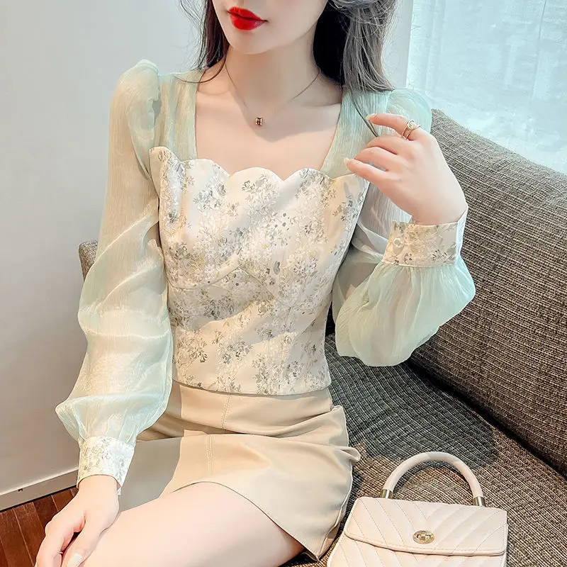 Top Trends: France Vintage Tulle Spliced Floral Print Blouse Woman 2022 Summer New Sweet Fashion All-match Long Sleeve Square Collar Shirts Shoppable Styles