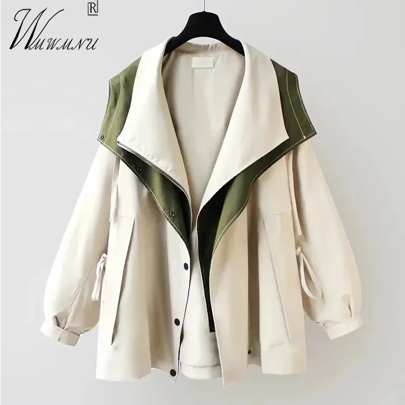 Top Trends: S-5xl Oversize Design Patchwork Trench Coat Loose Hooded Windbreaker Women Casual Spring Jackets Adjustable Lace Up Gabardina Shoppable Styles