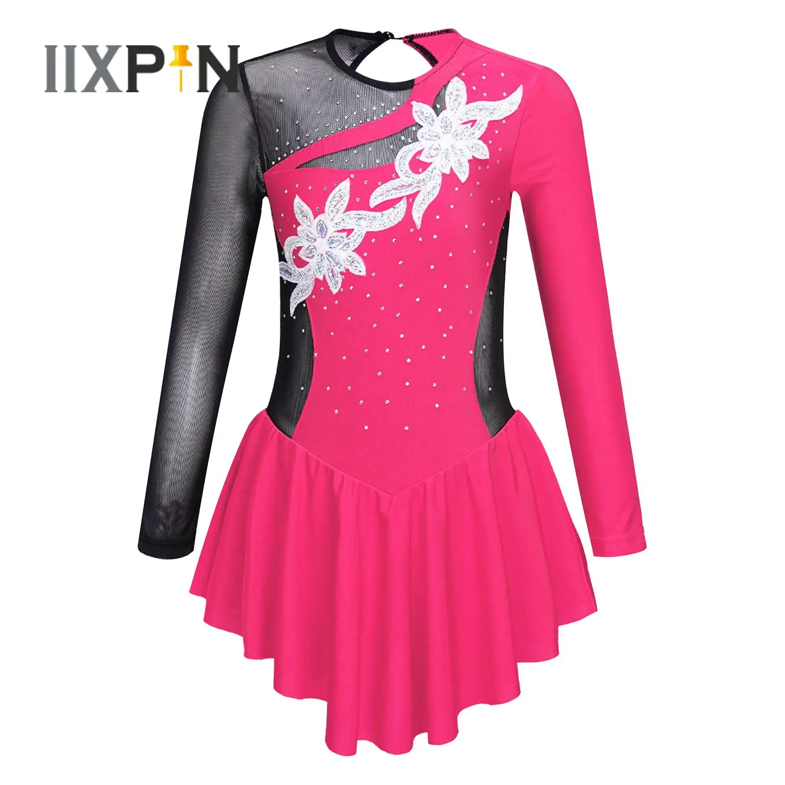 Top Trends: Gymnastics Leotards Ballet Dress For Kids Girls Long Sleeve Shiny Rhinestone Flower Decor Patchwork Figure Skating Dance Dress Shoppable Styles