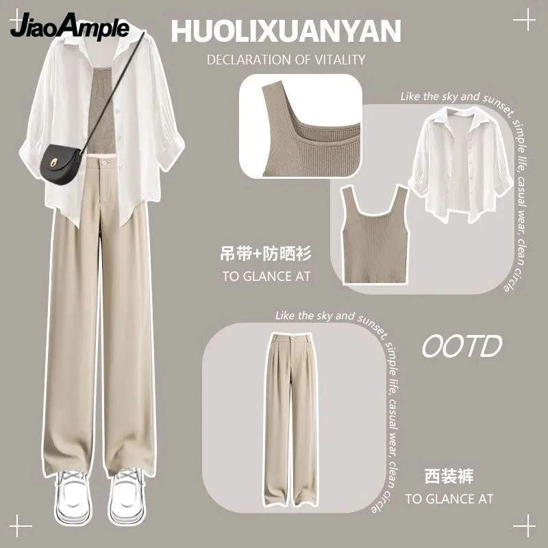 Top Trends: Women's Summer Suit 2024 New Casual Sunscreen Shirt Top+ Strap+ Casual Pants 3 Piece Korean Elegant Blouse Trousers Matching Set Shoppable Styles