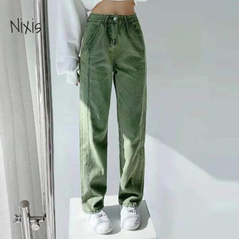 Top Trends: Green Jeans Women Fashion High Street Denim Trousers Casual Straight Wide Pants Vintage Streetwear Plus Size Bottoms Clothes Shoppable Styles