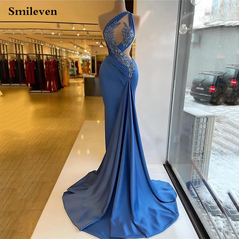 Top Trends: Smileven Blue Prom Dresses Sexy Mermaid Evening Gowns Sleeveless Saudi Arabia Side Split Wedding Party Dress 2023 Shoppable Styles