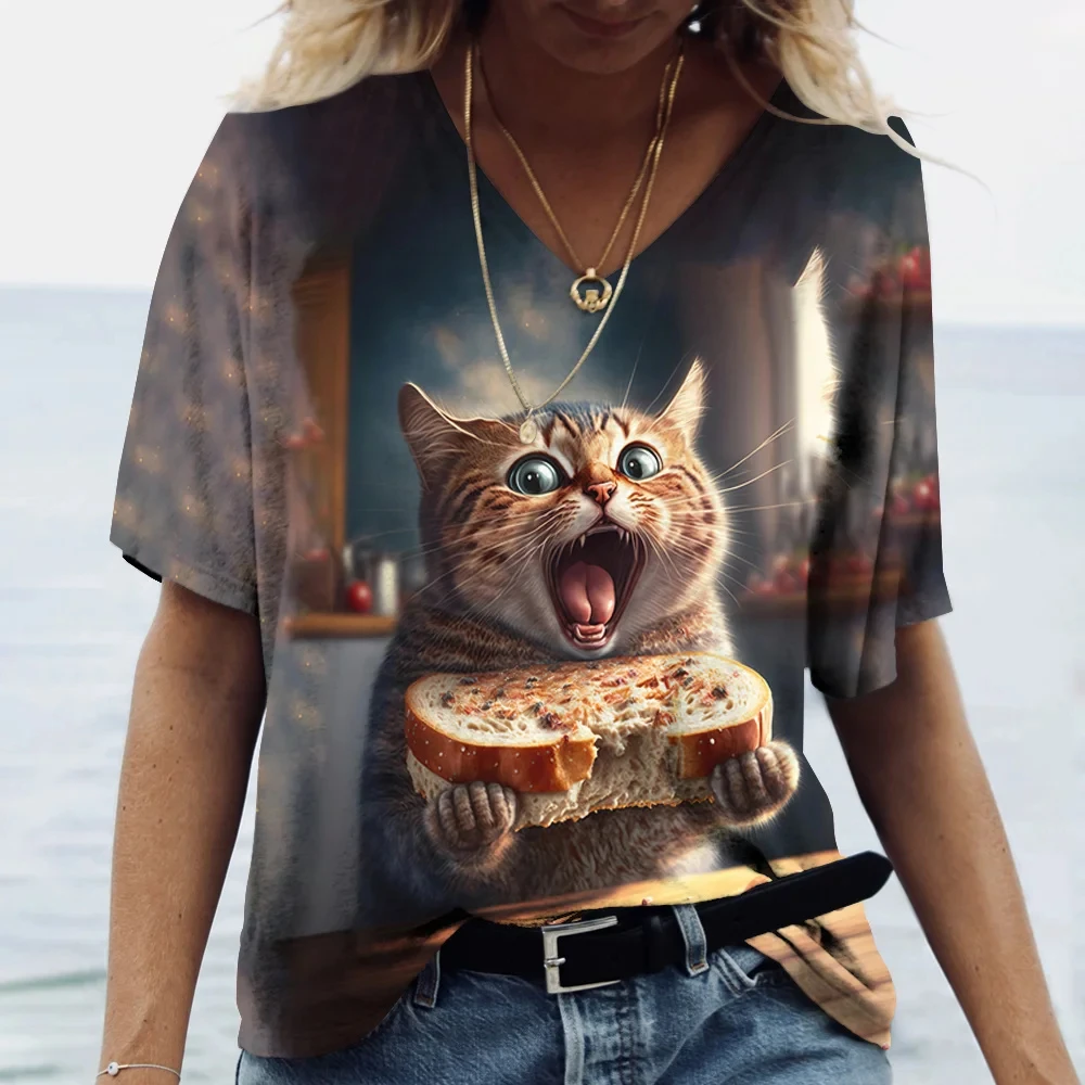 Top Trends: Fashion 3D Cat Printed T Shirt For Women Summer Casual O-neck Short Sleeve Tops Oversized V-neck Ladies T-Shirts Female Clothing Shoppable Styles