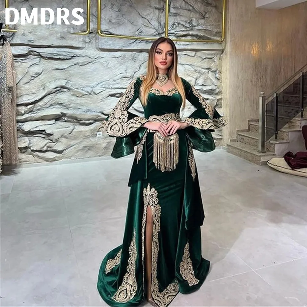 Top Trends: Emerald Green Velvet Mermaid Evening Dresses With Detachable Train Applique Long Sleeves Prom Gowns Kaftan Arabic Women Shoppable Styles