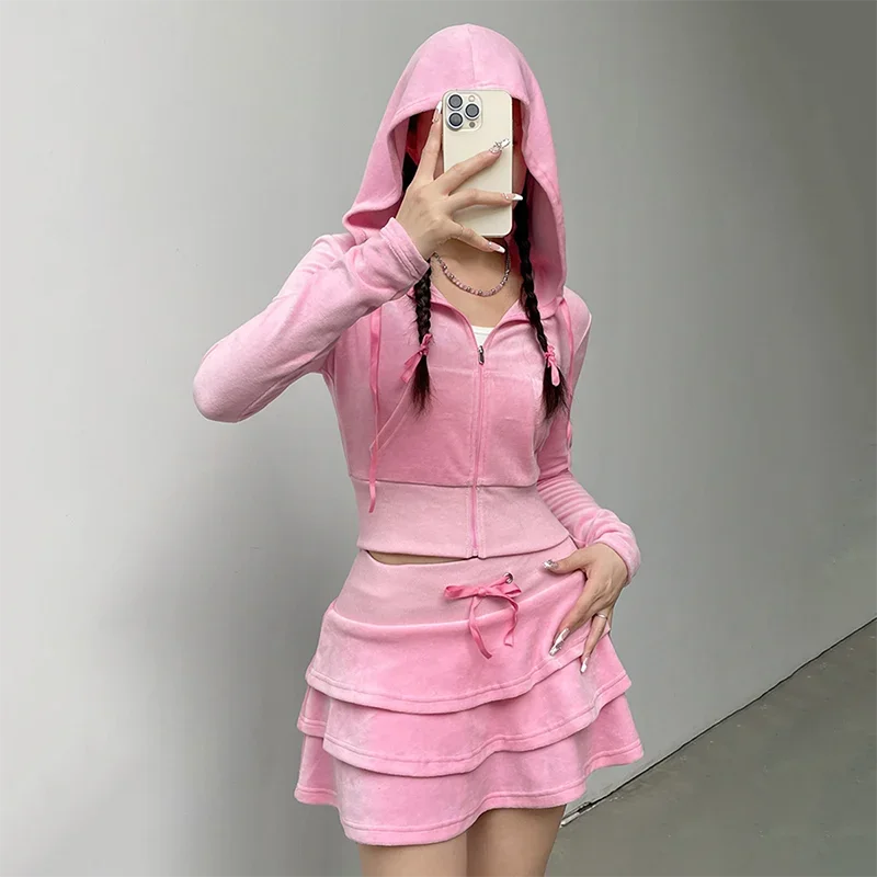 Top Trends: HOUZHOU Pink Velvet Two Piece Set For Women Y2k Zip Up Long Sleeve Cropped Hoodie Kawaii Lace-up Ruffles Skirt Autumn Winter Shoppable Styles