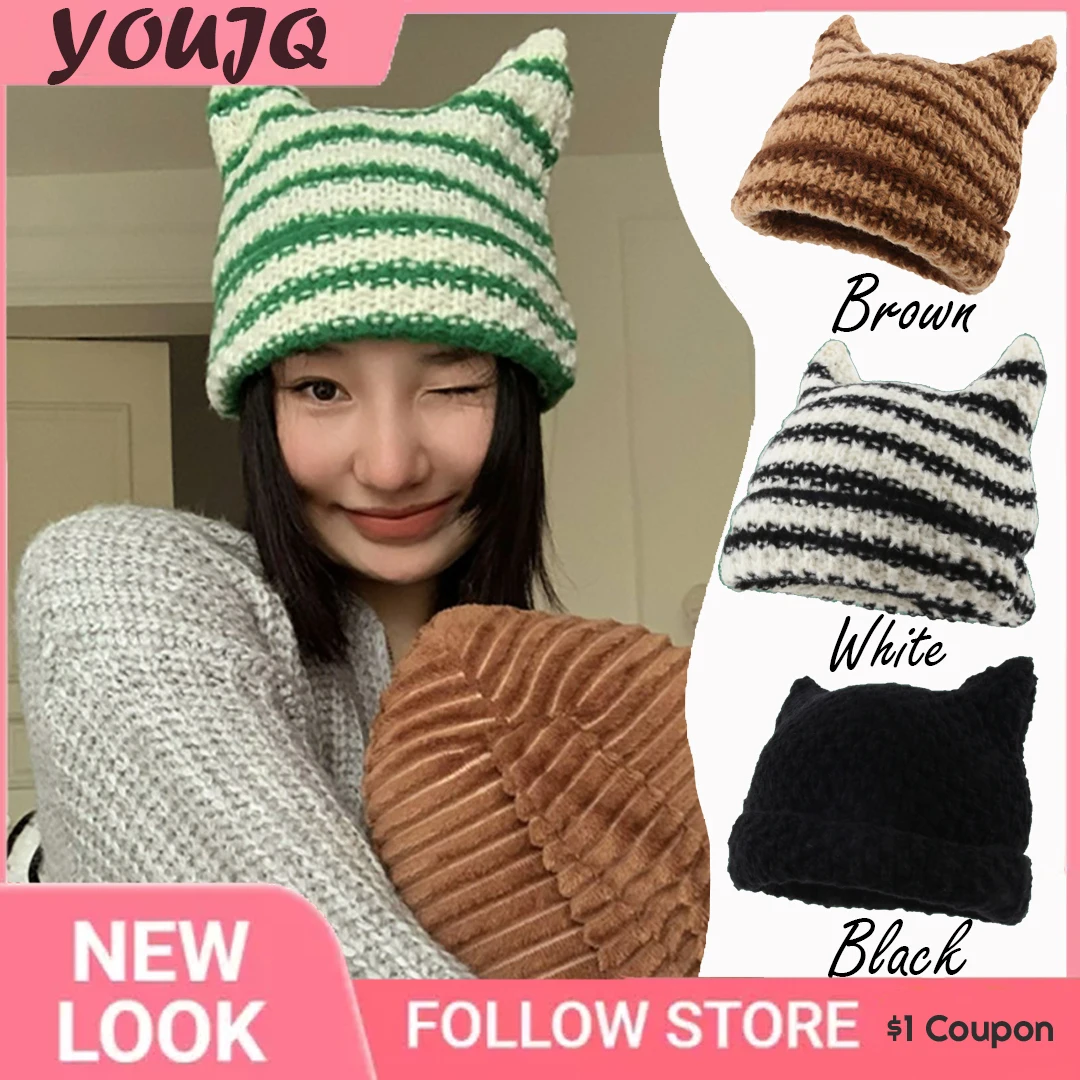 Top Trends: Y2K Japanese Beanie Hat Ins Little Devil Striped Knitted Caps For Women Autumn Winter Cute Cat Ears Pointed Pullover Womens Hat Shoppable Styles