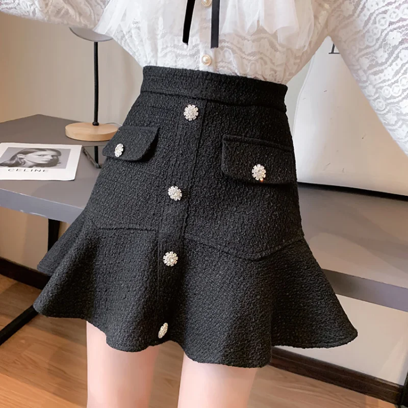 Top Trends: Women's Autumn Winter Korean New High Waist Elastic Short Skirt Fashion Ruffle Edge Button Versatile Hip Wrap A-line Half Skirt Shoppable Styles