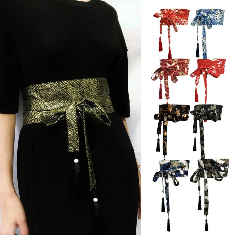 Top Trends: Japanese Traditional Kimono Belt Women Corset Tassel Belt Blue Wave Pattern Wide Belt Yukata Crane Haori Obi Asian Waist Belts Shoppable Styles