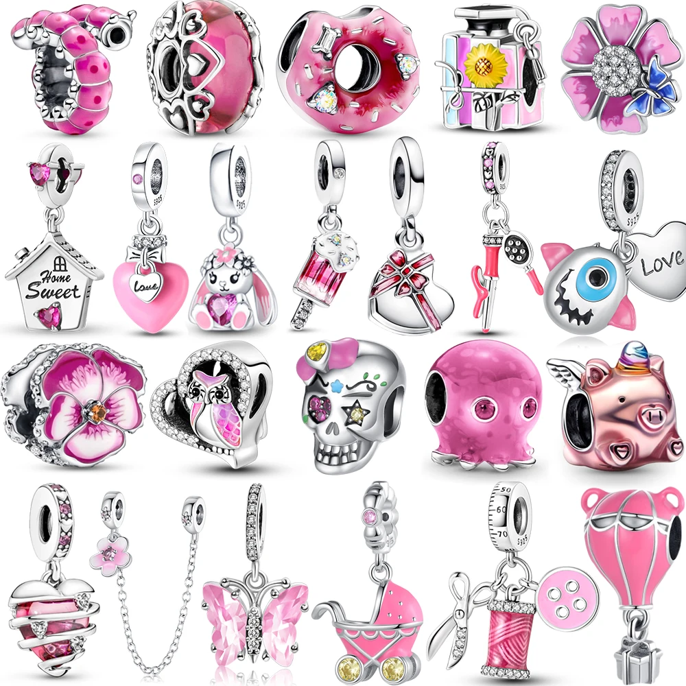 Top Trends: Pink Series S925 Silver Caterpillar Butterfly Tree Murano Glass Pendant Pansy Clip Fits Pandora Bracelet DIY Women Jewelry Gift Shoppable Styles