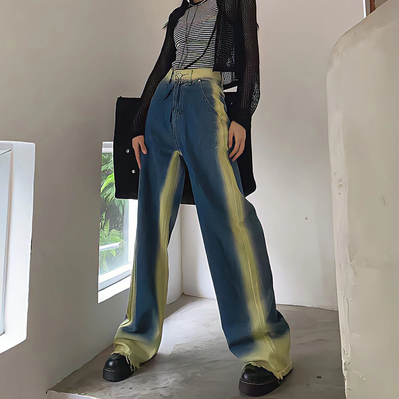 Top Trends: High Waisted Vintage Y2k Pants Baggy Blue Jeans Women Streetwear Harajuku Contrast Color Gradient Casual Wide Leg Denim Trousers Shoppable Styles