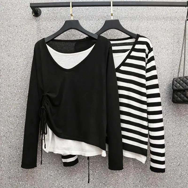 Top Trends: 2023 New Spring And Autumn Loose Casual Stripe Fake Two Piece Versatile Oversize Hem Drawstring Waist Wrap Women's T-shirt Shoppable Styles