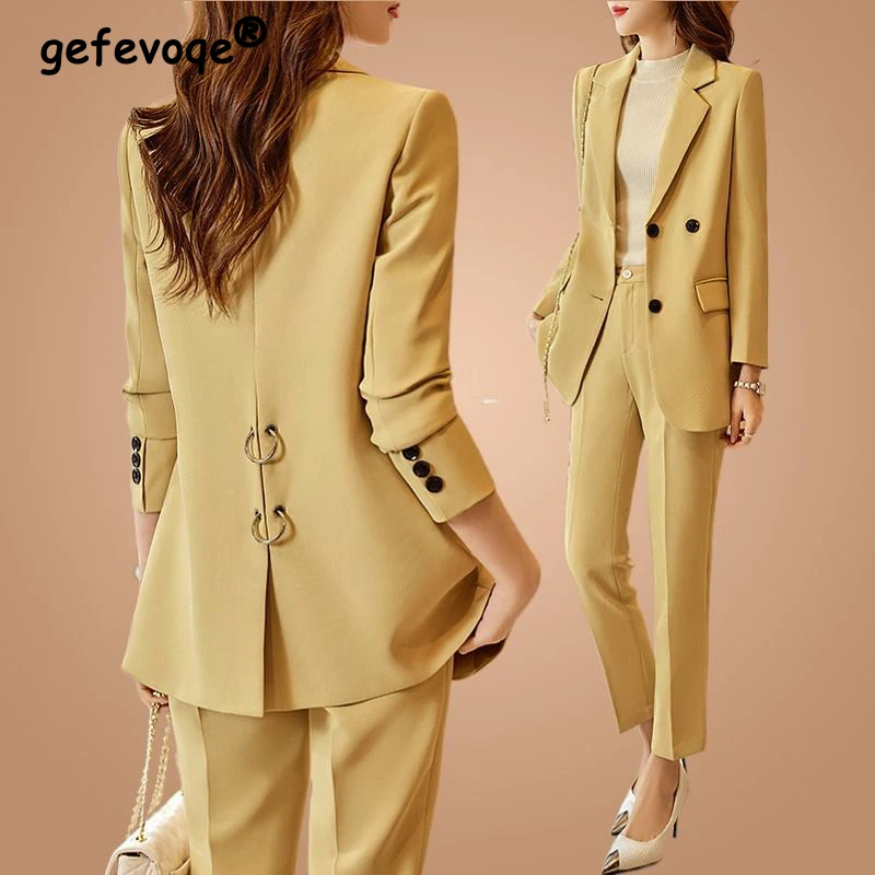 Top Trends: Two Piece Set For Women Korean Fashion Office Lady Business Casual Suits Elegant Chic Blazer Jacket High Waist Straight Pants Shoppable Styles