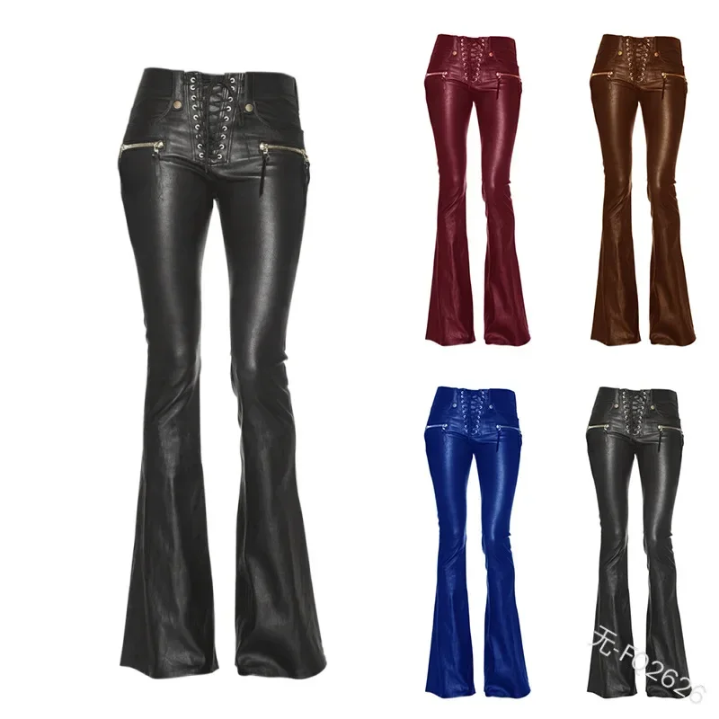 Top Trends: 2023 New Women Leather Pants Punk Rock Sexy Bandage Motorcycle Leather Pants Tight High-waist Lace Up Bodycon Flare Trousers Shoppable Styles