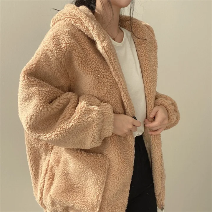 Top Trends: Korean Version Plush Thickened Lamb Wool Cotton Middle Length Coat Women&#039;s Winter Loose Solid Color Zipper Hooded Jacket 2023 Shoppable Styles