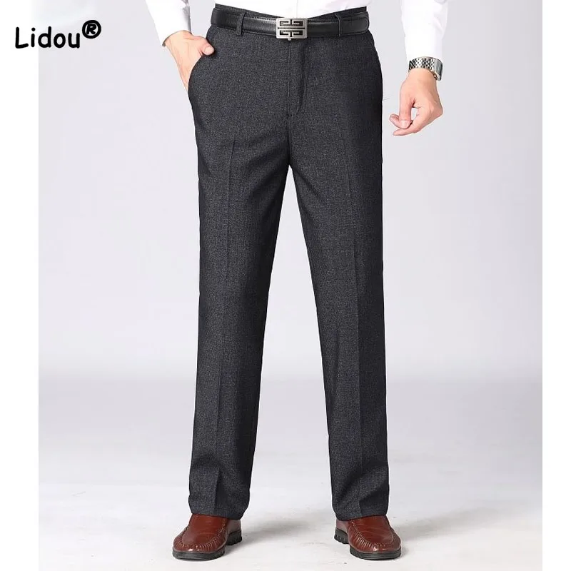 Top Trends: 2023 Casual Men's Solid Color Straight Pants Autumn Winter Male Clothes Business Office Pockets Mid Waist Thickening Trousers Shoppable Styles