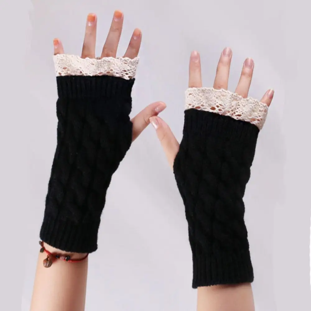 Top Trends: Lace Stitching Half Finger Gloves Winter Warm Knitted Wool Fingerless Gloves For Women Short Wrist Warmer Shoppable Styles - Image 2