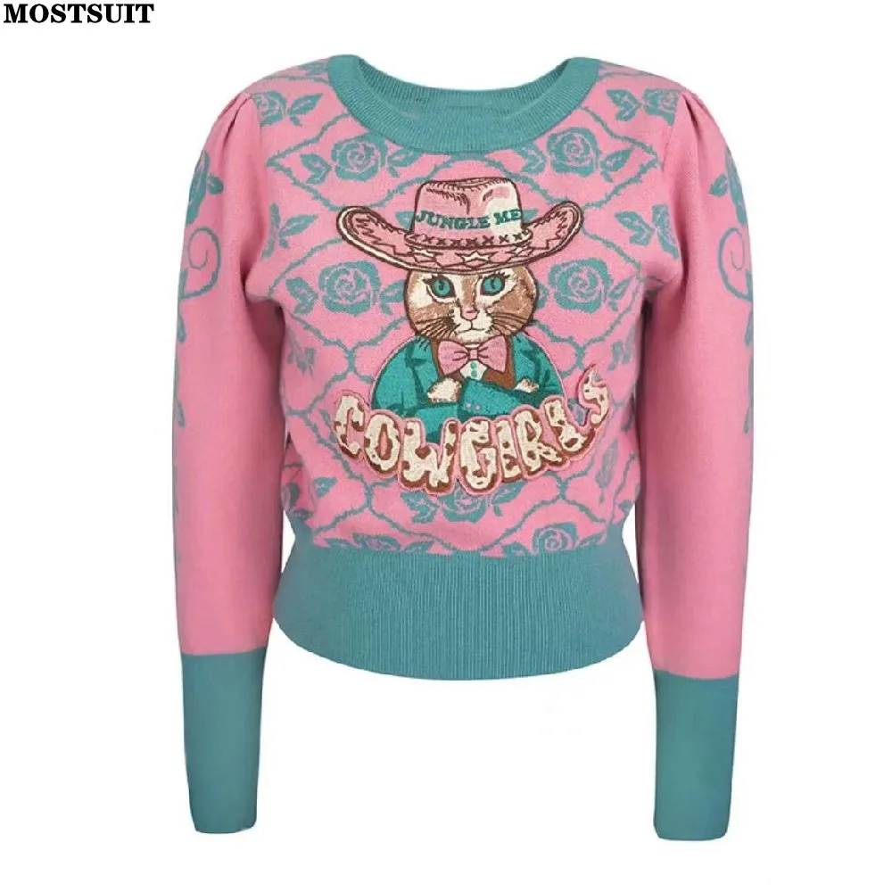 Top Trends: Vintage Jacquard Cartoon Embroidered Sweater Pullover Women Stylish Chic Fashion Ladies Tops Knitwear Long Sleeve O-neck Jumpers Shoppable Styles