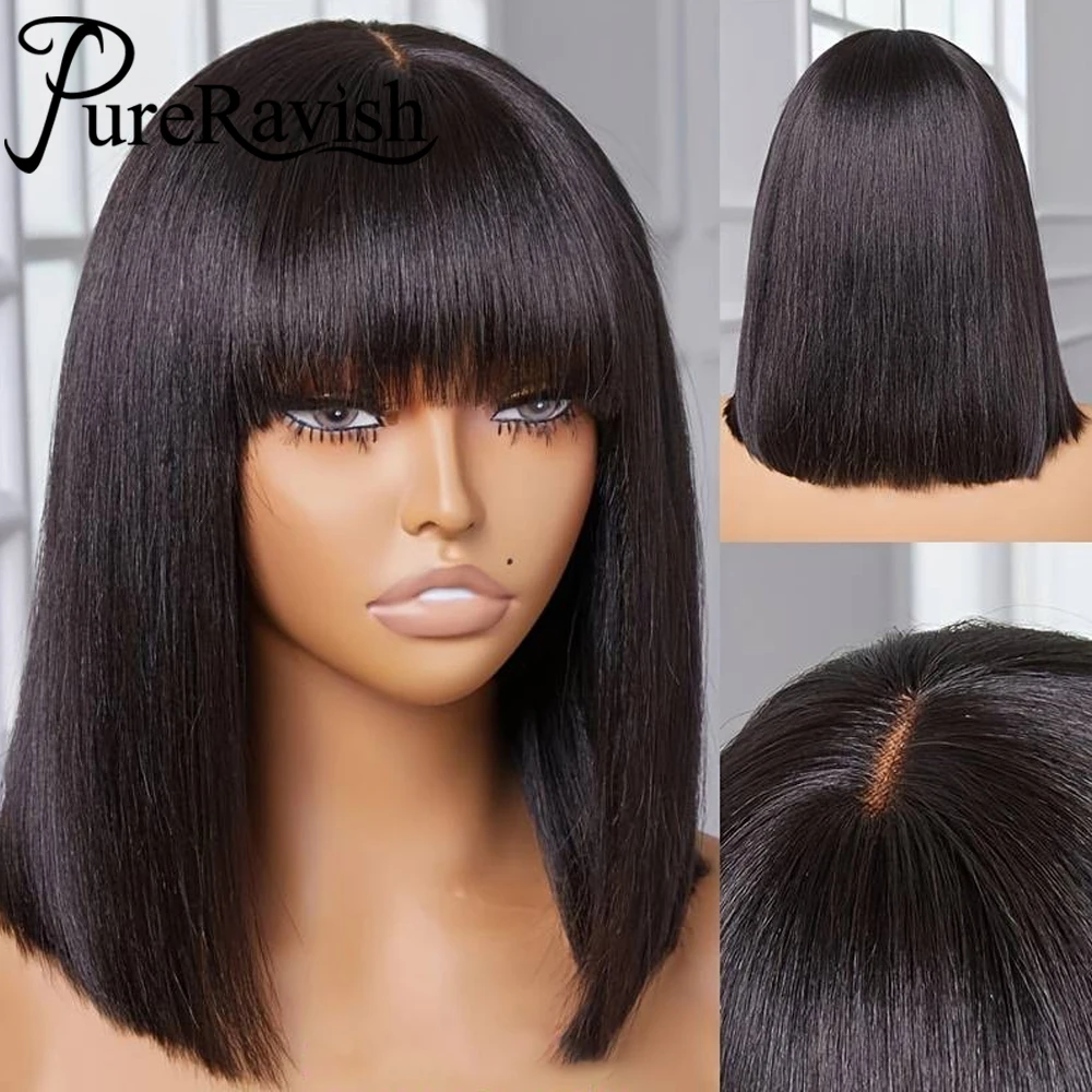 Top Trends: Natural Scalp Short Bob Lace Wig With Bangs Human Hair Lace Top Straight Bob Wig Brazilian Remy Hair 180% Density Wigs For Women Shoppable Styles