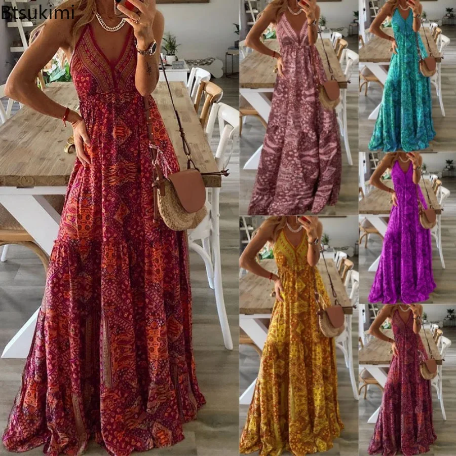 Top Trends: 2024 Women&#039;s Summer Boho Long Dresses Elegant V Neck Party Dresses Vintage Printed Sleeveless Sexy Slim Maxi Beach Dress Mujer Shoppable Styles