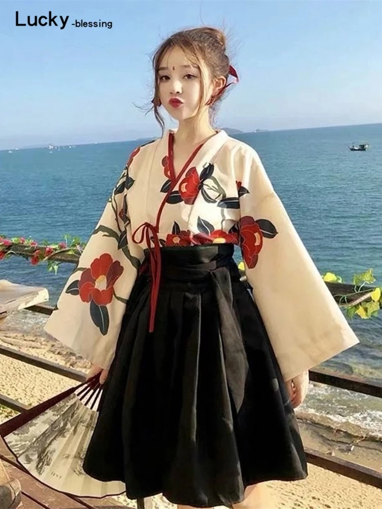 Top Trends: Japanese Style Floral Print Dress Long Kimono Skirt Kawaii Clothing Girls Party Robe Set Vintage Costume Asian Cosplay Women New Shoppable Styles