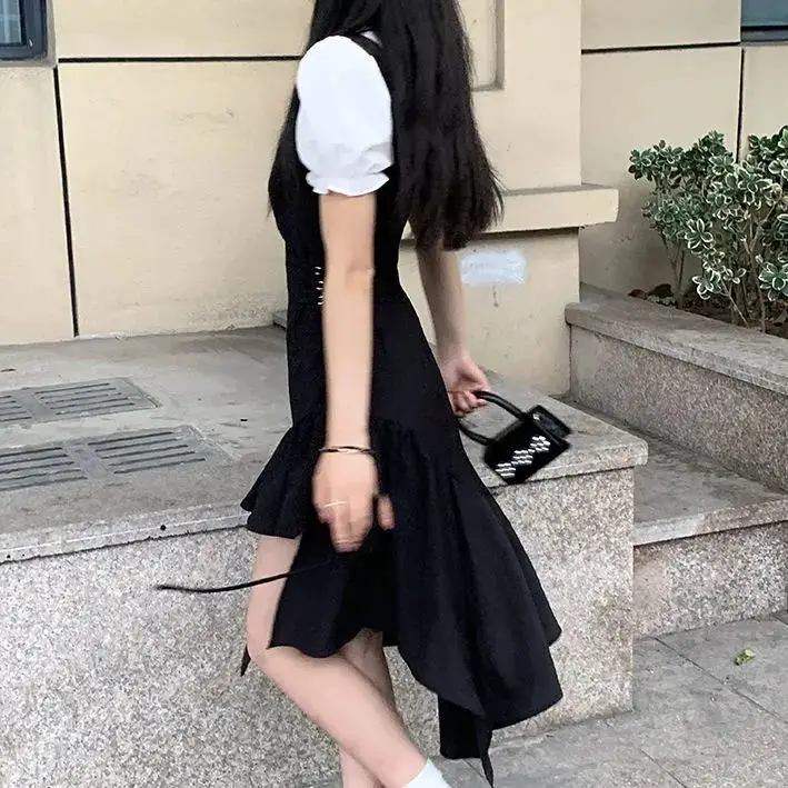 Top Trends: French Vintage Hepburn Style Black Fake Two Piece Dress Women's Summer Mid Length Small Irregular Split Long Dress Shoppable Styles - Image 2