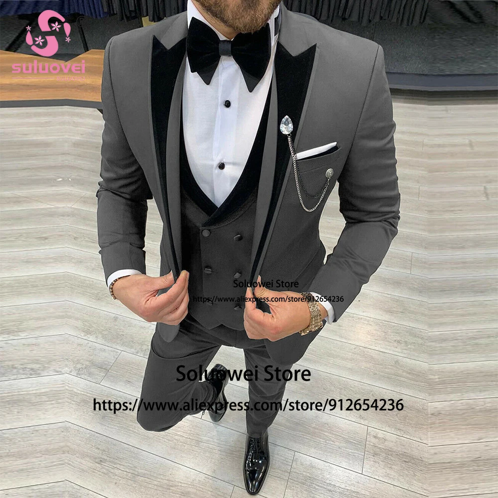 Top Trends: Suits For Men Grey Slim Fit Wedding Groom Peaked Lapel Tuxedo 3 Piece Jacket Vest Pants Set Formal Business Blazer Custom Made Shoppable Styles